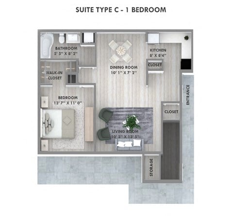 Floor plan for 1 bed, 1 bath, 708 sqft